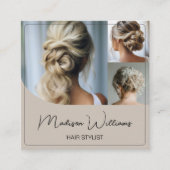 Haar Stylist Salon 3 Foto's QR Code Beige Vierkante Visitekaartje (Voorkant)
