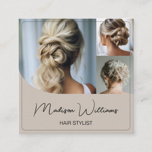 Haar Stylist Salon 3 Foto's QR Code Beige Vierkante Visitekaartje (Voorkant)