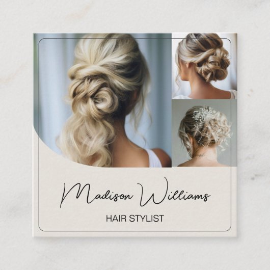 Haar Stylist Salon 3 Foto's QR Code Vierkante Visitekaartje (Voorkant)