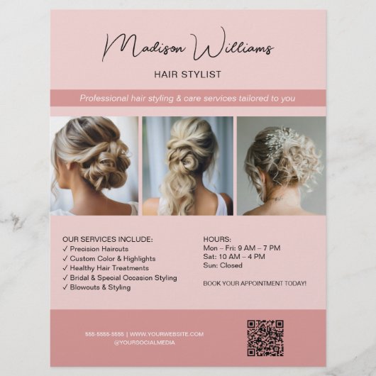 Haar Stylist Salon 3 Foto's QR Roze Flyer (Voorkant)