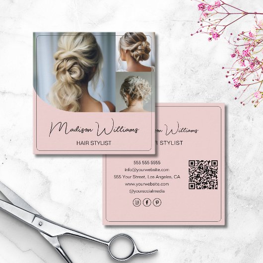 Haar Stylist Salon 3 Foto's QR Roze Vierkante Visitekaartje
