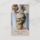 Haar Stylist Salon Custom 3 Foto's QR Code Beige Visitekaartje (Voorkant)