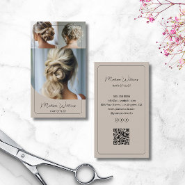 Haar Stylist Salon Custom 3 Foto's QR Code Beige Visitekaartje