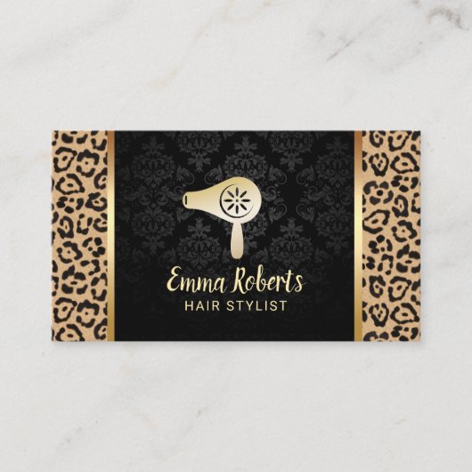 Haar Stylist Salon Droger Bar Modern Leopard Damas Visitekaartje (Voorkant)