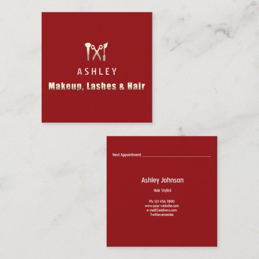 Haar Stylist Salon Make-up Lashes Afspraak Goud Vierkante Visitekaartje (Voorkant / Achterkant)