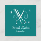 Haar Stylist Schaar Barber Blauwgroen Custom Vierkante Visitekaartje (Voorkant)
