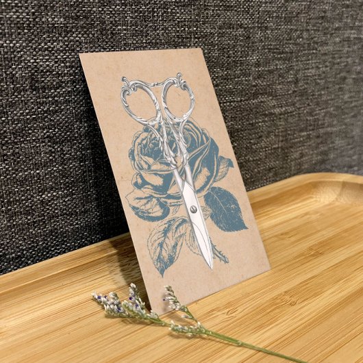 Haar Stylist schaar & Blauw Roos Floral Visitekaartje