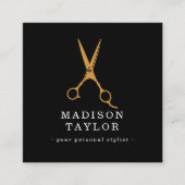 Haar Stylist Schaar Chique Tekening Goud & Zwart Vierkante Visitekaartje (Voorkant)