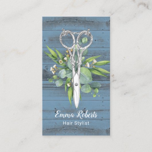 Haar Stylist  Schaar Salon Dusty Blue Wood Visitekaartje (Voorkant)