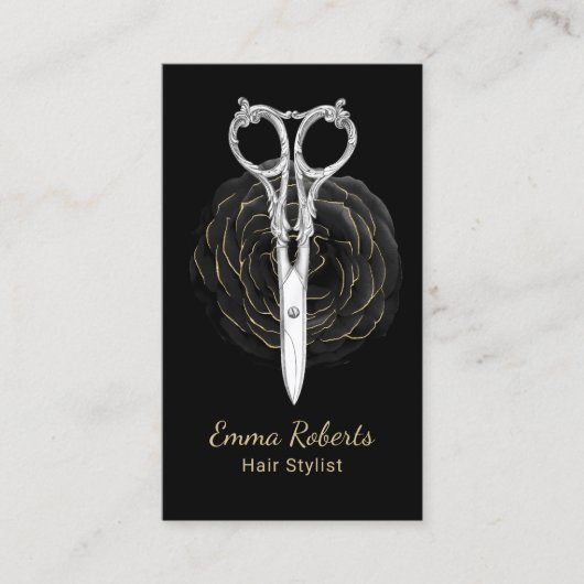 Haar Stylist Schaar & Zwarte Bloem Schoonheidssalo Visitekaartje (Voorkant)