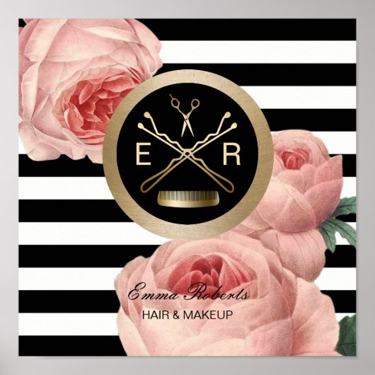 Haar Stylist Scissor & Comb Floral Stripes Poster (Voorkant)