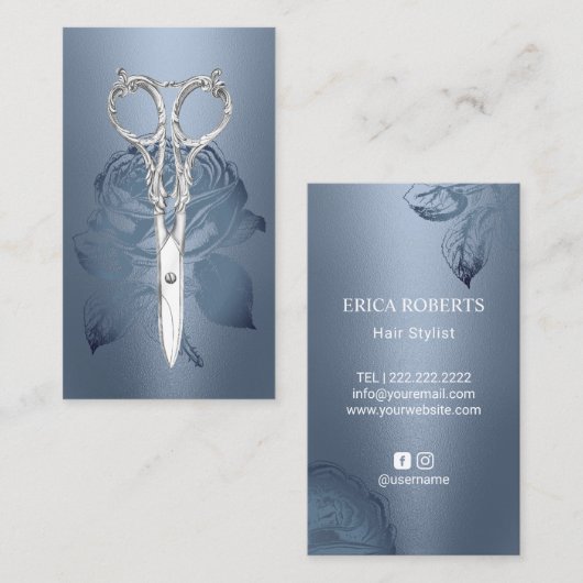 Haar Stylist Scissor Dusty Blue Roos Flower Visitekaartje (Voorkant / Achterkant)