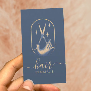 Haar Stylist Scissor & Hand Logo  Blue Gold Visitekaartje