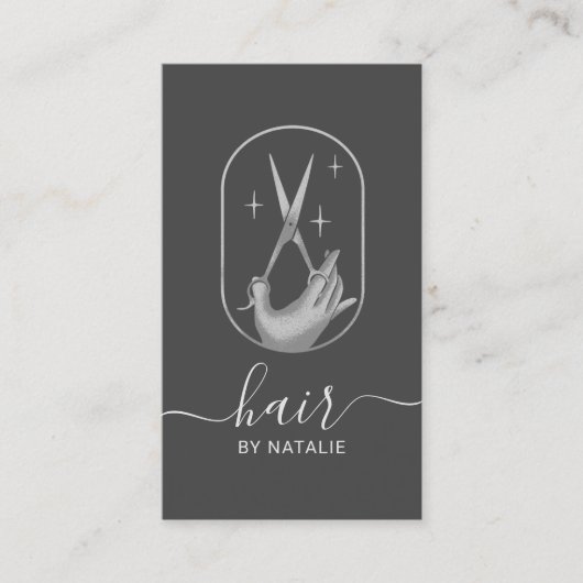 Haar Stylist Scissor & Hand Logo Elegant Grey Visitekaartje (Voorkant)