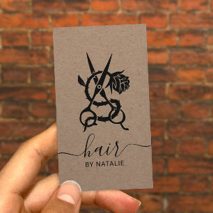 Haar Stylist Scissor & Roos Logo Rustic Kraft Visitekaartje