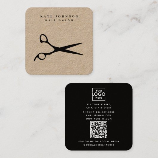 Haar Stylist Scissors Barber QR Code Business Logo Vierkante Visitekaartje (Voorkant / Achterkant)