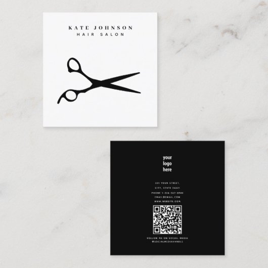 Haar Stylist Scissors Barber QR Code Business Logo Vierkante Visitekaartje (Voorkant / Achterkant)