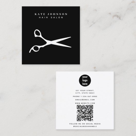 Haar Stylist Scissors Barber QR Code Business Logo Vierkante Visitekaartje (Voorkant / Achterkant)