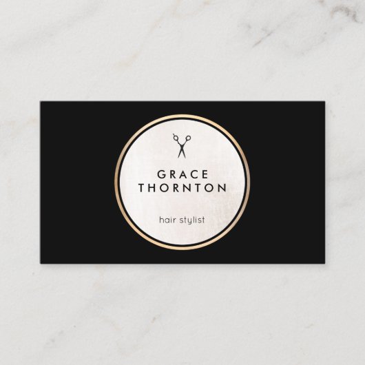 Haar Stylist Scissors Modern Black White Cirkel Visitekaartje (Voorkant)