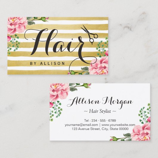 Haar Stylist Scissors Script Floral Gold Striped Visitekaartje (Voorkant / Achterkant)