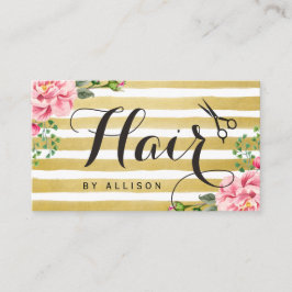 Haar Stylist Scissors Script Floral Gold Striped Visitekaartje