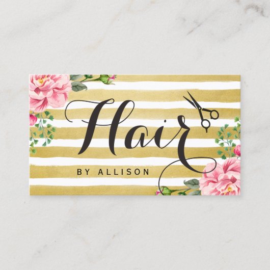 Haar Stylist Scissors Script Floral Gold Striped Visitekaartje (Voorkant)