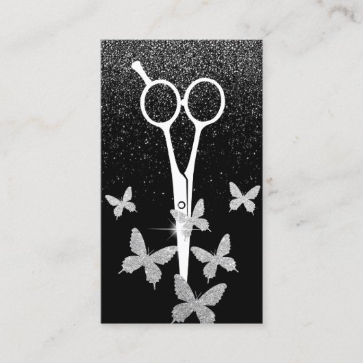 Haar Stylist Vlinders & Schaar Zilver Confetti Visitekaartje (Voorkant)