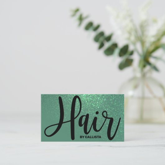 Haar Stylist Zeemeermin Blauwgroen Glitter Typogra Visitekaartje (Staand voorkant)