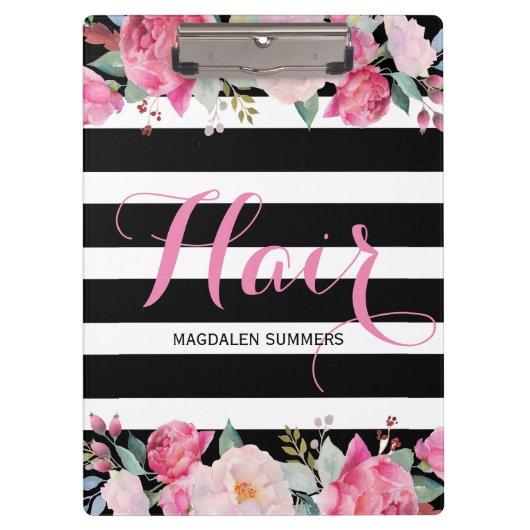 Haar- Zwart & Wit Strepen Patroon, Bloemen Boeket Klembord (Voorkant)