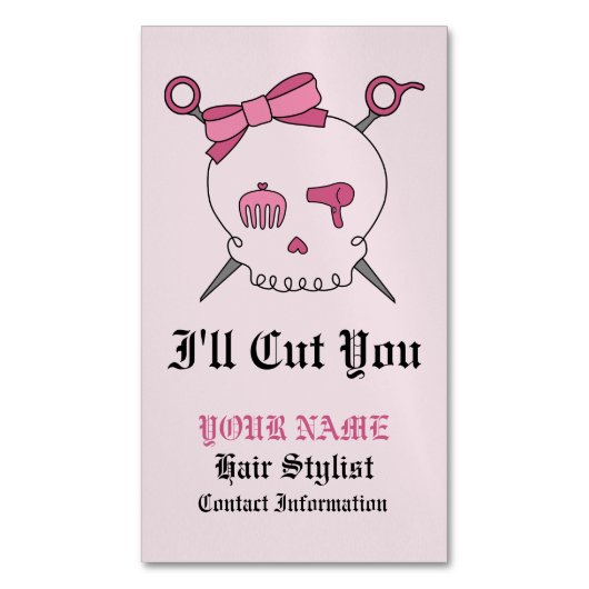 Haaraccessoire schedel & schaar (roze versie 6) visitekaartje magneet (Voorkant Verticaal)