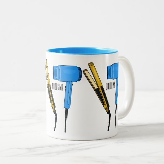 Haardroger en haarrechtse illustratie tweekleurige koffiemok (Voorkant rechts)