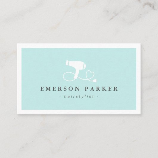 Haardroger hart koord licht aqua blauw kapper visitekaartje (Voorkant)