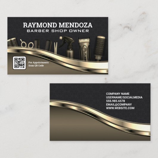 Haargereedschap | QR-code | Goud Metaal Visitekaartje (Voorkant / Achterkant)