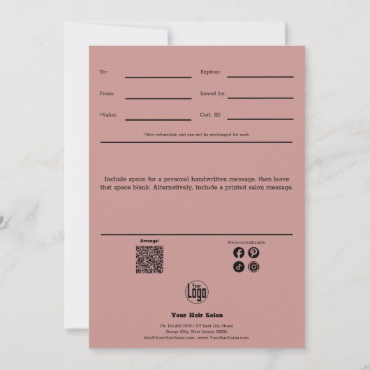 Haargereedschap Roze Salon Cadeaubon Platte Kaart (Achterkant)