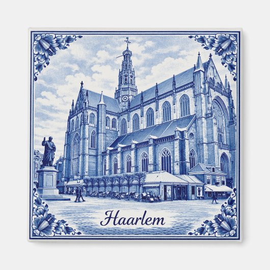 Haarlem church Delft Blue style magnet (Voorkant)