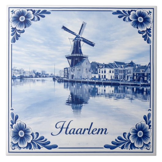Haarlem windmill Delft Blue style ceramic tile Tegeltje (Voorkant)
