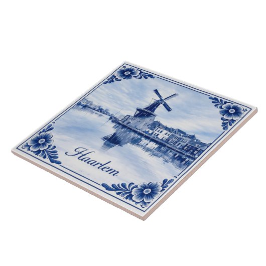 Haarlem windmill Delft Blue style ceramic tile Tegeltje (Zijkant)