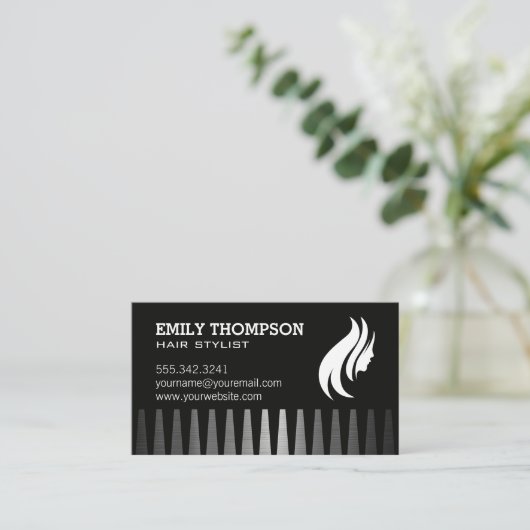 Haarlogo | Kam | Metaalachtige achtergrond Visitekaartje (Staand voorkant)