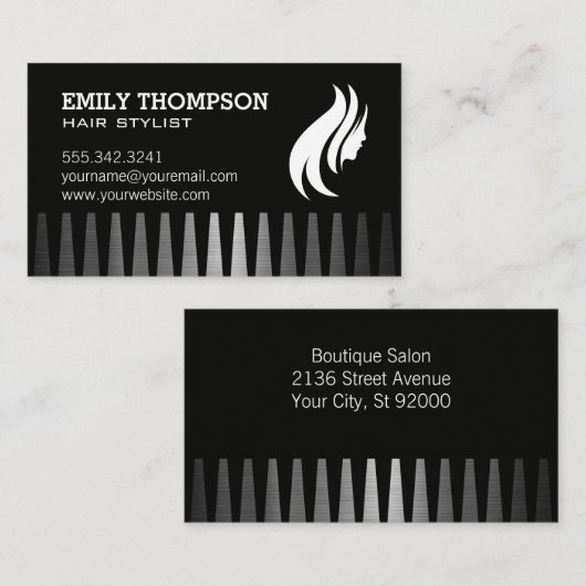 Haarlogo | Kam | Metaalachtige achtergrond Visitekaartje (Voorkant / Achterkant)