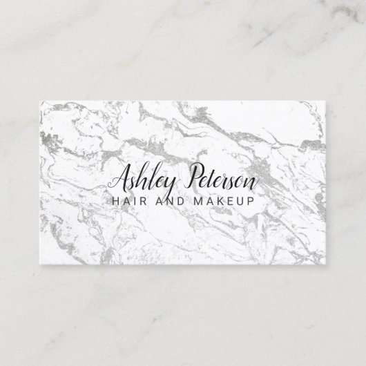 Haarmake-up zwarte witte zilverkleurige typografie visitekaartje (Voorkant)