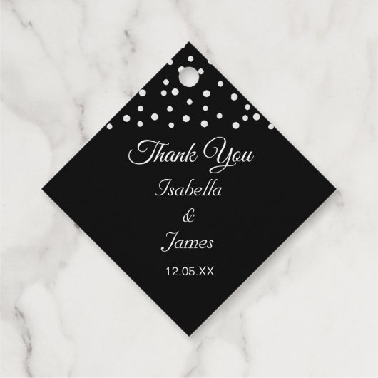 Haarparels op het zwarte en witte huwelijk bedankjes labels (Achterkant)