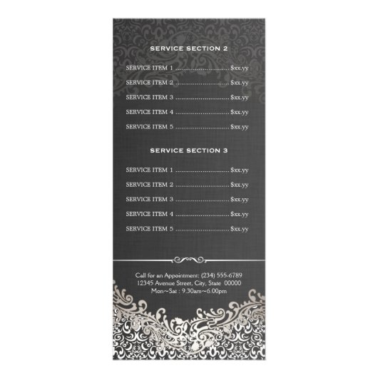 Haarsalon Elegant Donker Zilver Damast Prijslijst Reclamekaart (Achterkant)