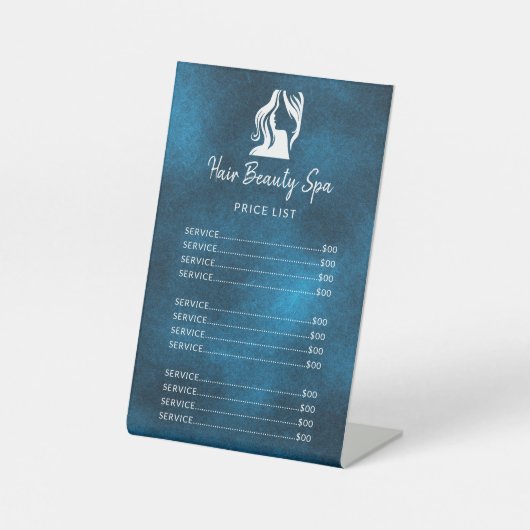 Haarsalon elegant wit en blauw servicemenu reclamebord met voetstuk (Voorkant)