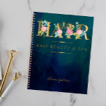 Haarsalon faux gouden folie navy glam afspraken planner<br><div class="desc">Elegante stijlvolle kapsalon business / klanten afspraken planner met pastel roze blush rozen en aqua blauw en groen loof en bladeren met faux gouden folie typografie belettering script en schaar over een humeurige donker middernacht blauw waterverf gewassen achtergrond. Brengt een stijlvolle en luxe glamoureuze look - geschikt voor exclusieve kapsalon...</div>