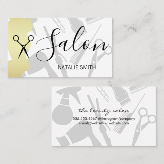 Haarsalon Gereedschap en Goud Geborsteld Visitekaartje (Voorkant / Achterkant)