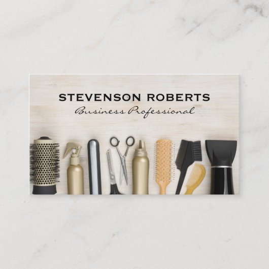 Haarsalon Gereedschap op houten tafel Visitekaartje (Voorkant)