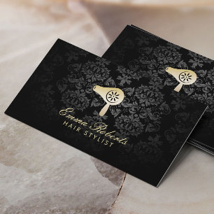 Haarsalon Gold Blow Dryer Logo Elegant Damask Visitekaartje