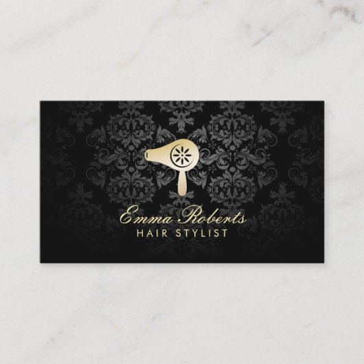 Haarsalon Gold Blow Dryer Logo Elegant Damask Visitekaartje (Voorkant)