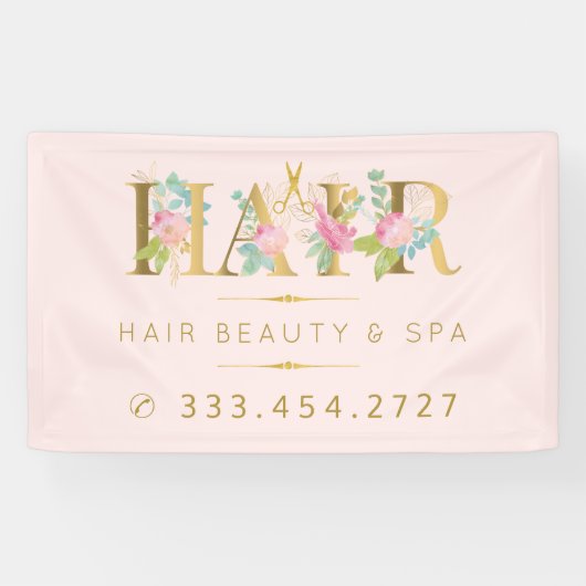 Haarsalon goud bloemenroze typografie luxe glam spandoek (Horizontaal)