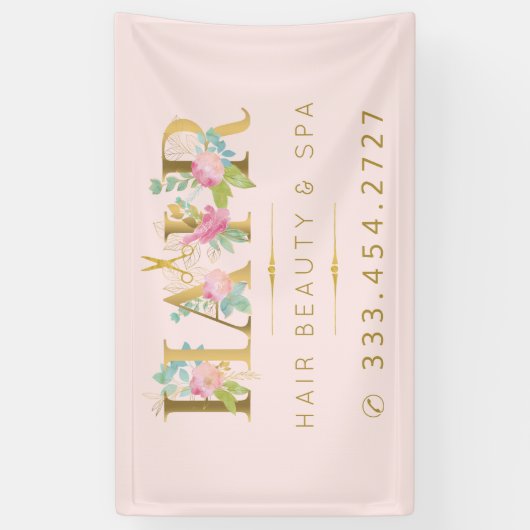 Haarsalon goud bloemenroze typografie luxe glam spandoek (Verticaal)